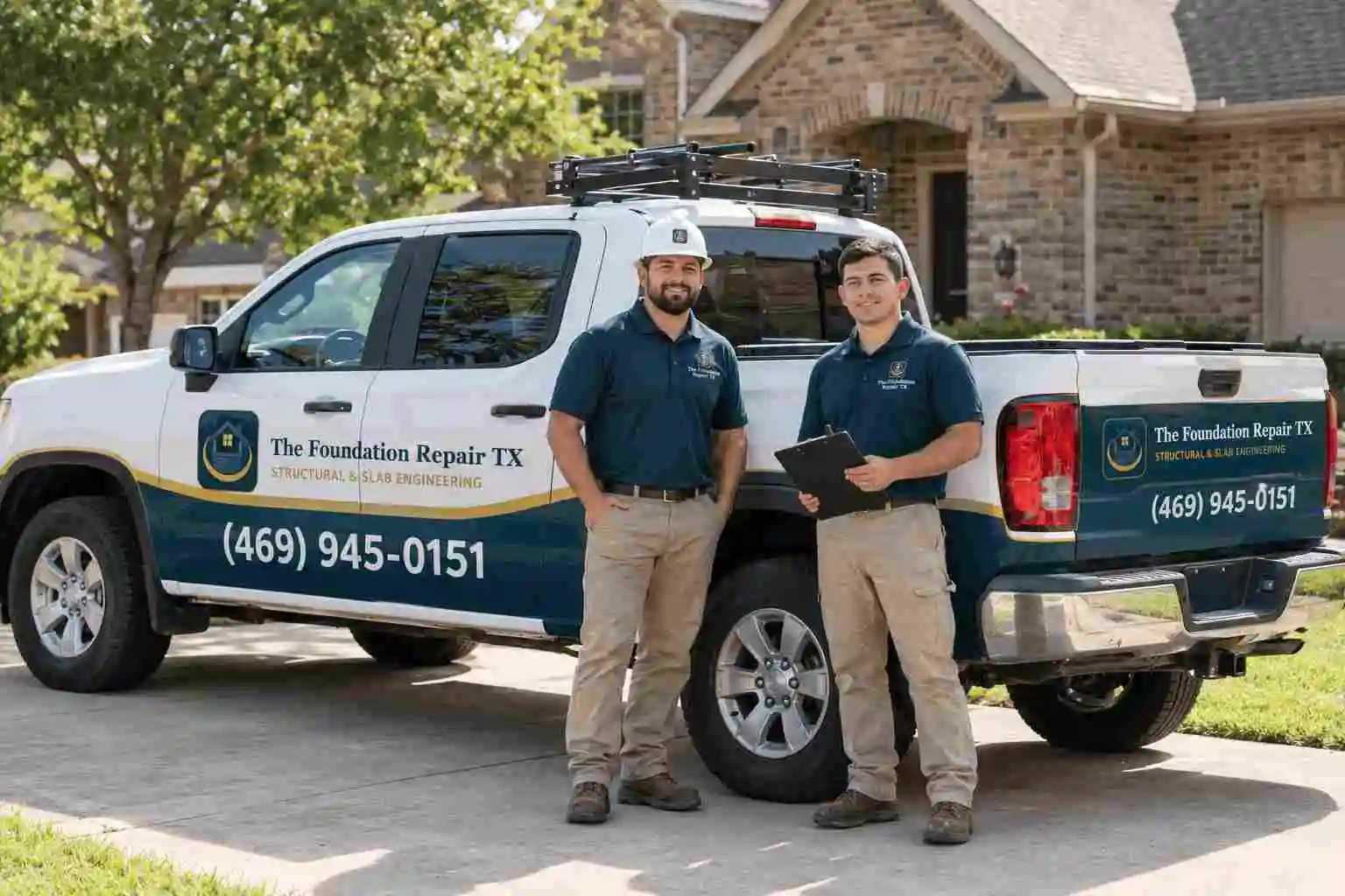 The Foundation Repair TX fully equipped branded mobile service vehicle dispatched for statewide Texas foundation repair